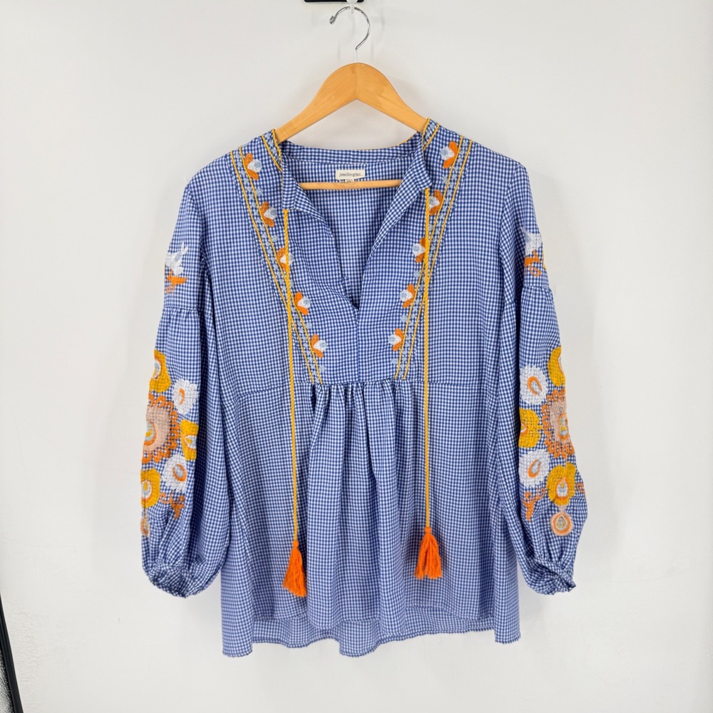 Jennifer + Grace Blue Gingham Embroidered Tassel Boho Top White Small Peasant